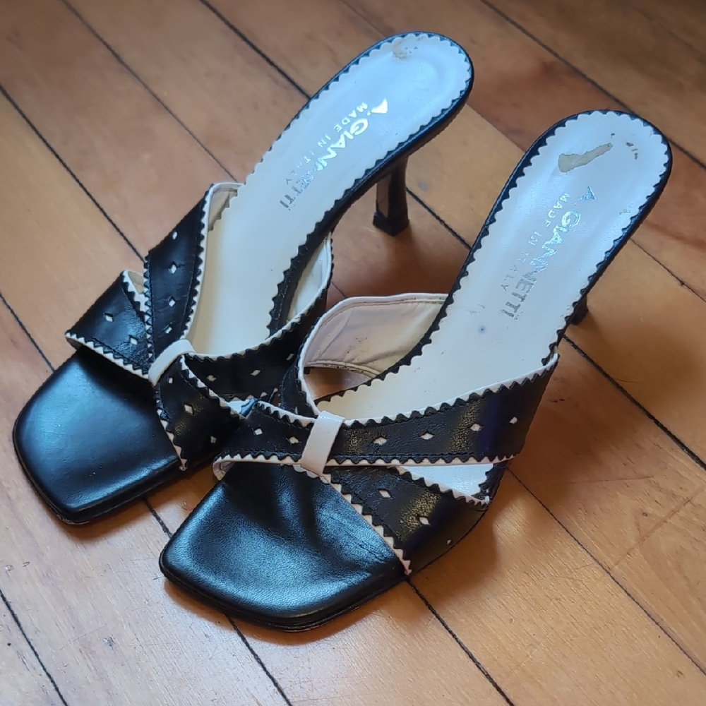 A. Giannetti Black and White Strappy Heels 6